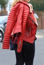 WOMENS BODA STYLE QUILTED LEATHER BIKER JACKET RED - Image 2