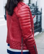 WOMENS BODA STYLE QUILTED LEATHER BIKER JACKET RED - Image 3