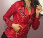 WOMENS BODA STYLE QUILTED LEATHER BIKER JACKET RED