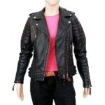 Womens Boda Style Quilted Leather Biker Jacket Black - Image 2
