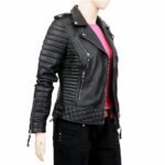 Womens Boda Style Quilted Leather Biker Jacket Black - Image 3