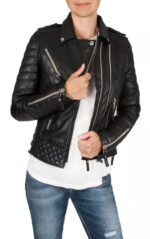 Womens Boda Style Quilted Leather Biker Jacket Black - Image 7