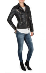 Womens Boda Style Quilted Leather Biker Jacket Black - Image 8